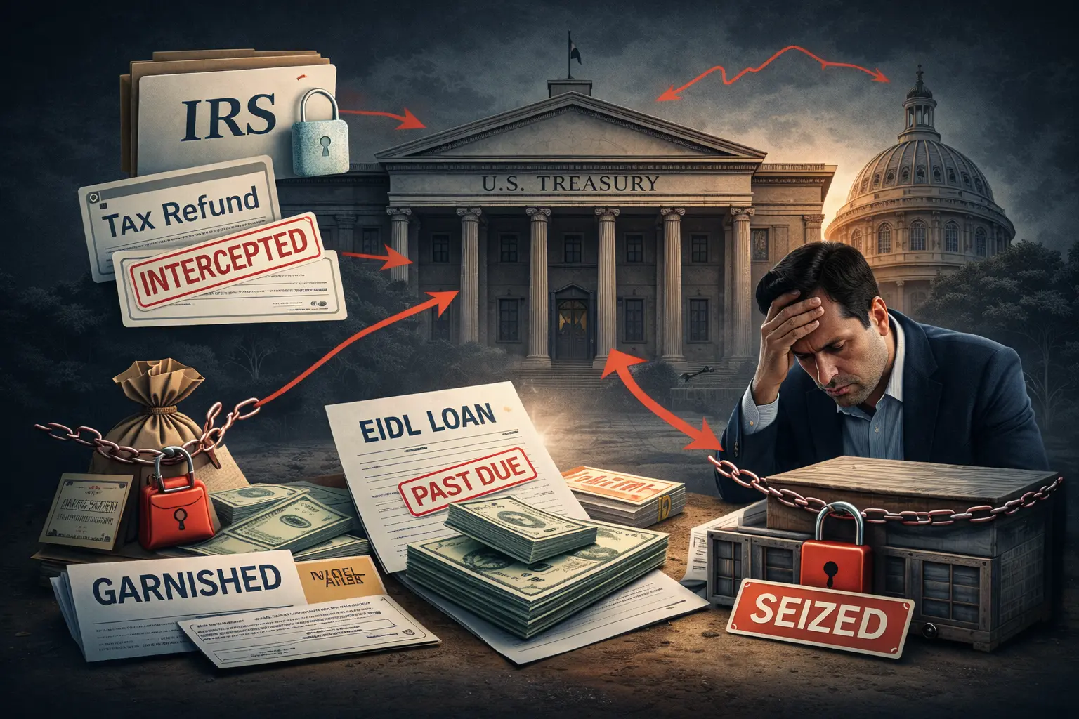 SBA EIDL default impact: Treasury collections, intercepted tax refunds, wage garnishment, past due notice, and financial distress