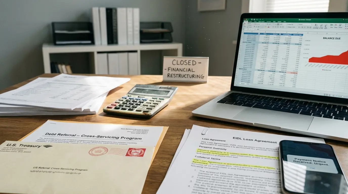 EIDL loan sent to Treasury notice with business financial documents and debt statements showing federal collection and increased balance risk.