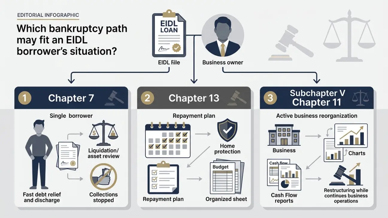 Infographic comparing Chapter 7, Chapter 13, and Subchapter V Chapter 11 bankruptcy options for EIDL borrowers