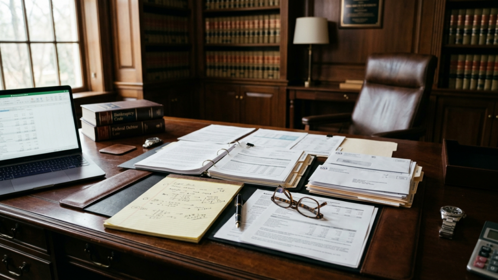 Attorney desk with EIDL loan documents, financial statements, bankruptcy paperwork, and law books in a federal debt relief law office