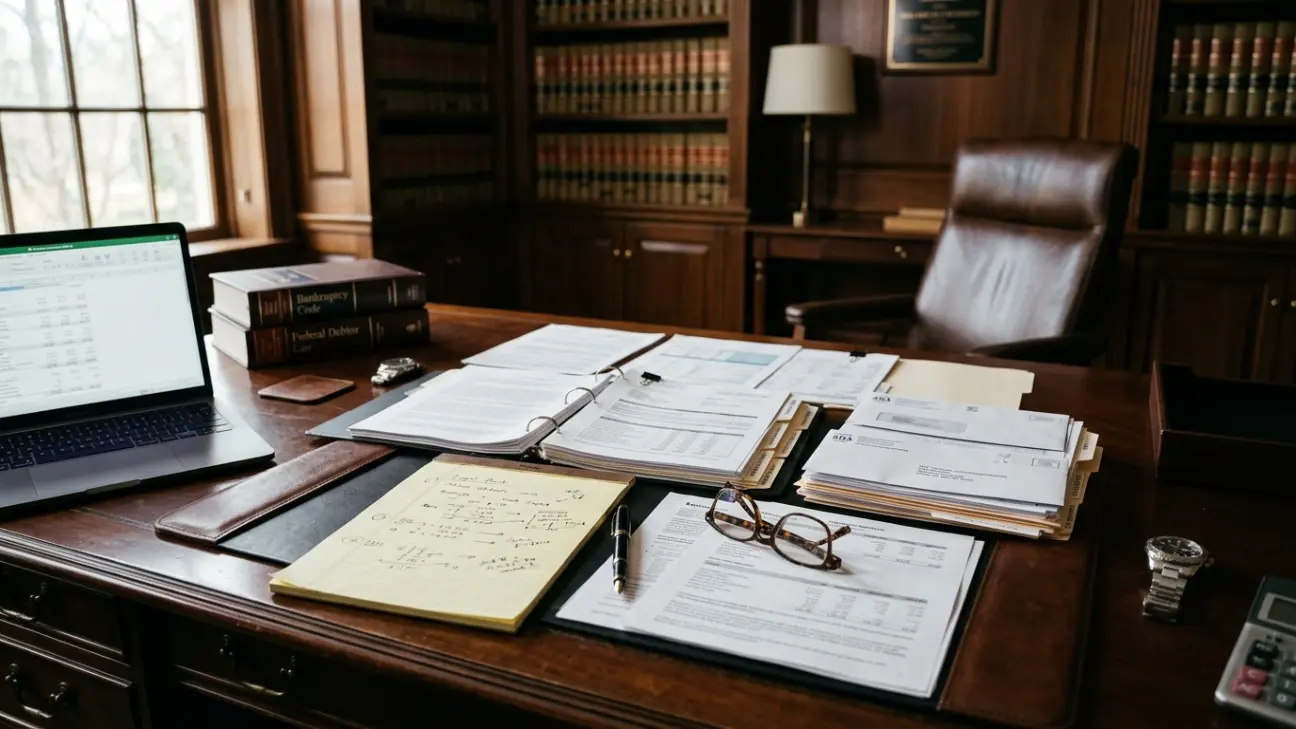 Attorney desk with EIDL loan documents, financial statements, bankruptcy paperwork, and law books in a federal debt relief law office
