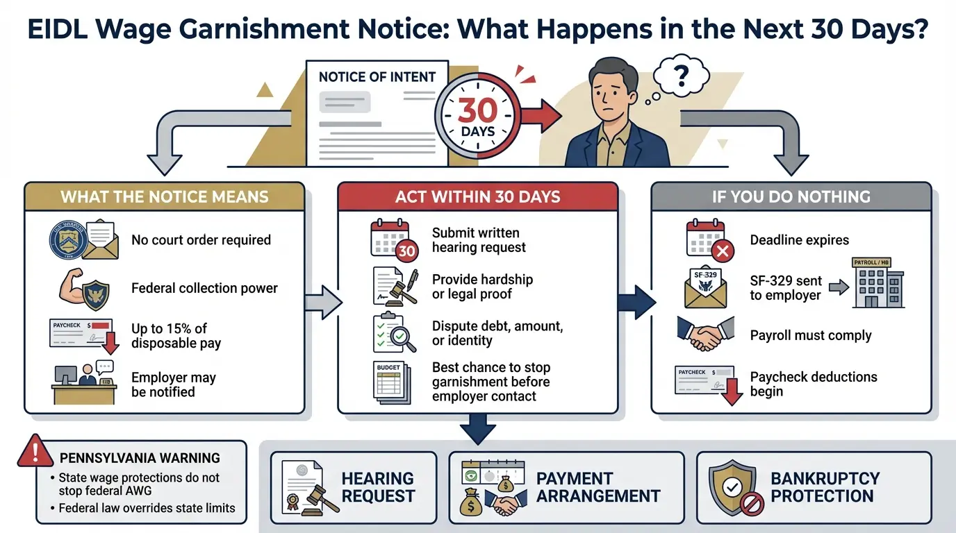 EIDL wage garnishment infographic showing what a Treasury Notice of Intent means, the 30-day deadline to request a hearing or prove hardship, and the consequences of inaction including employer notification and paycheck deductions.