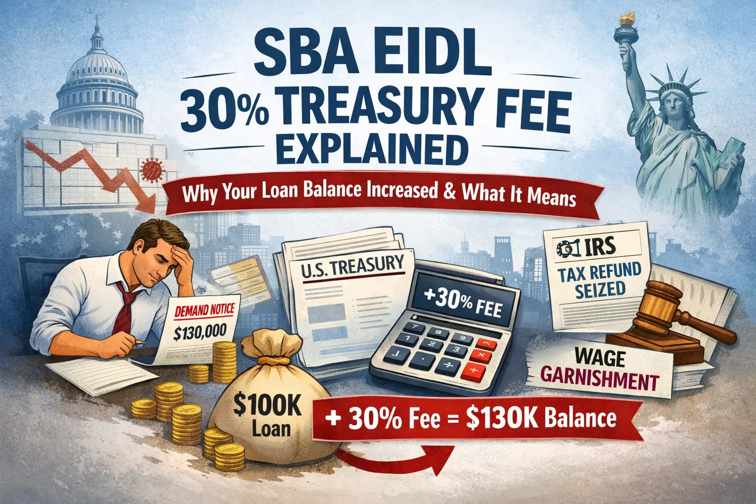 Infographic explaining the SBA EIDL 30% Treasury collection fee showing a $100K loan increasing to a $130K balance with consequences including tax refund seizure and wage garnishment