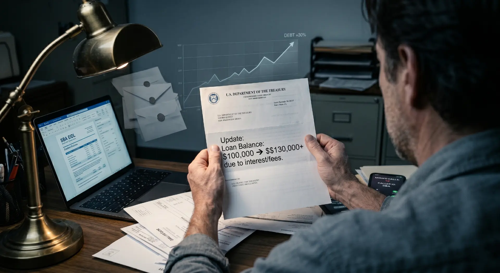 Business owner reviewing U.S. Treasury SBA EIDL loan letter showing debt increase from $100,000 to $130,000+ due to interest and fees, with financial documents and laptop on desk