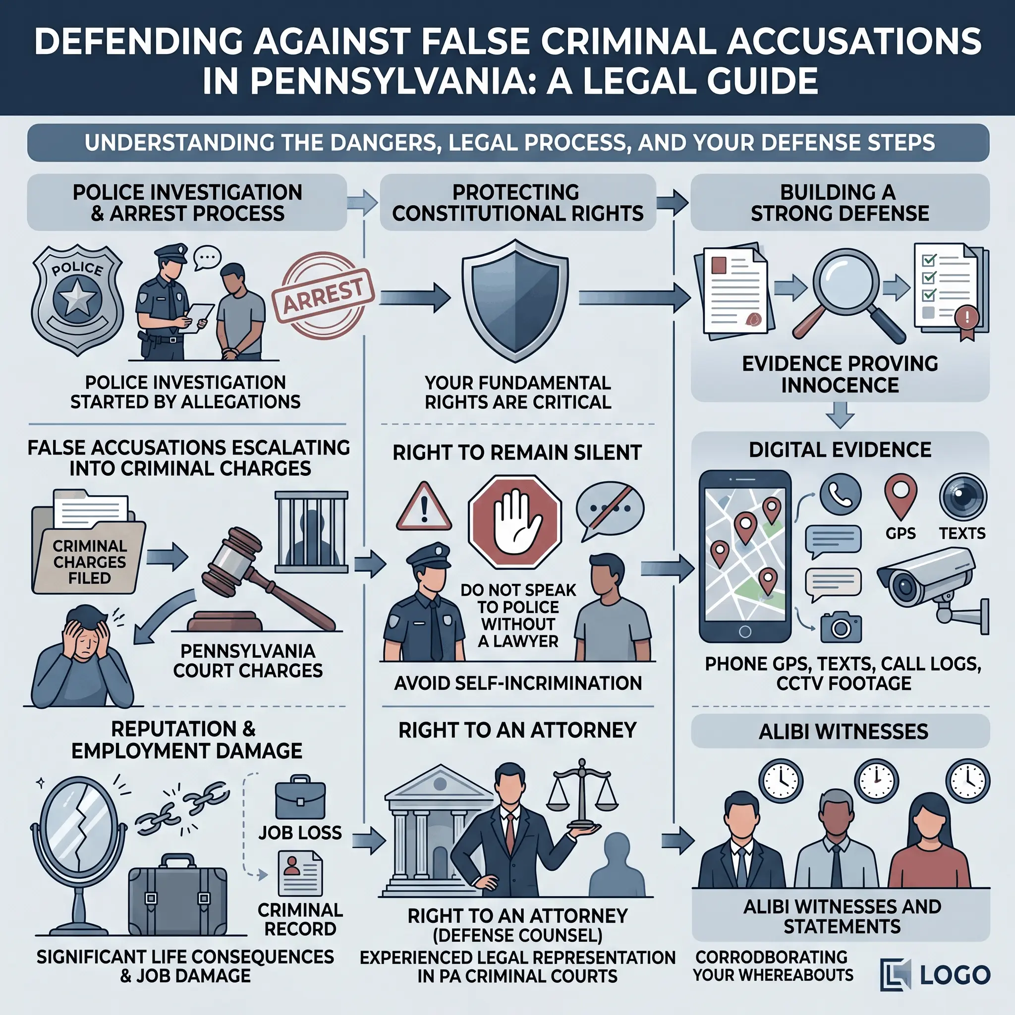 Infographic explaining how to defend against false criminal accusations in Pennsylvania including legal rights and defense steps