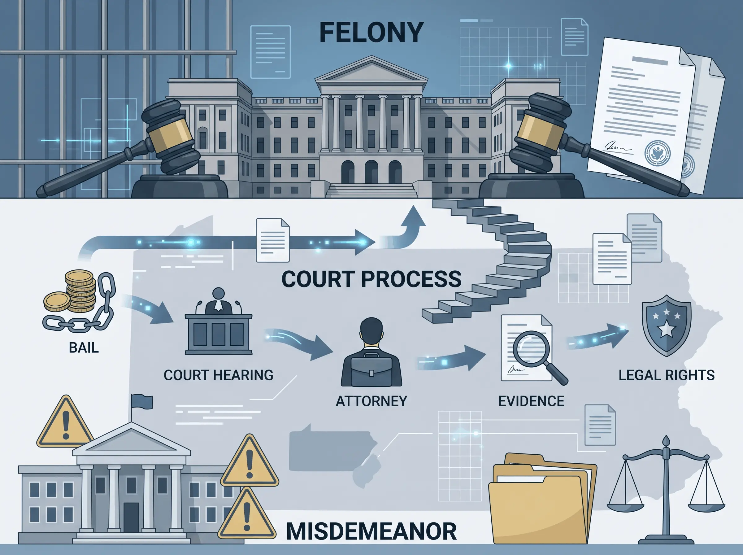 Infographic showing felony vs misdemeanor Pennsylvania court process including bail, attorney, evidence and legal rights
