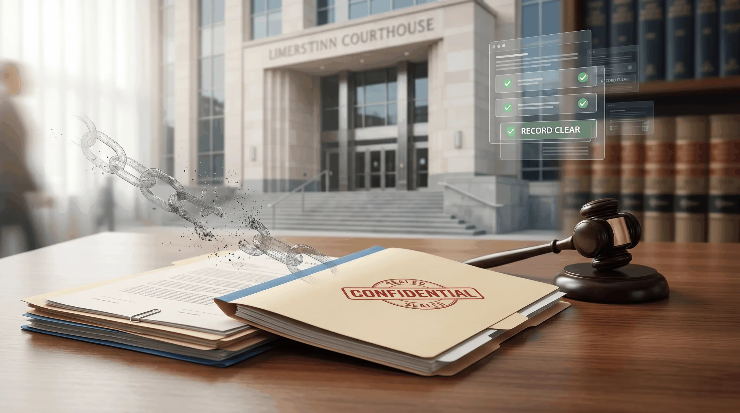 Sealed confidential court file with broken chain representing expungement in Pennsylvania clearing a criminal record