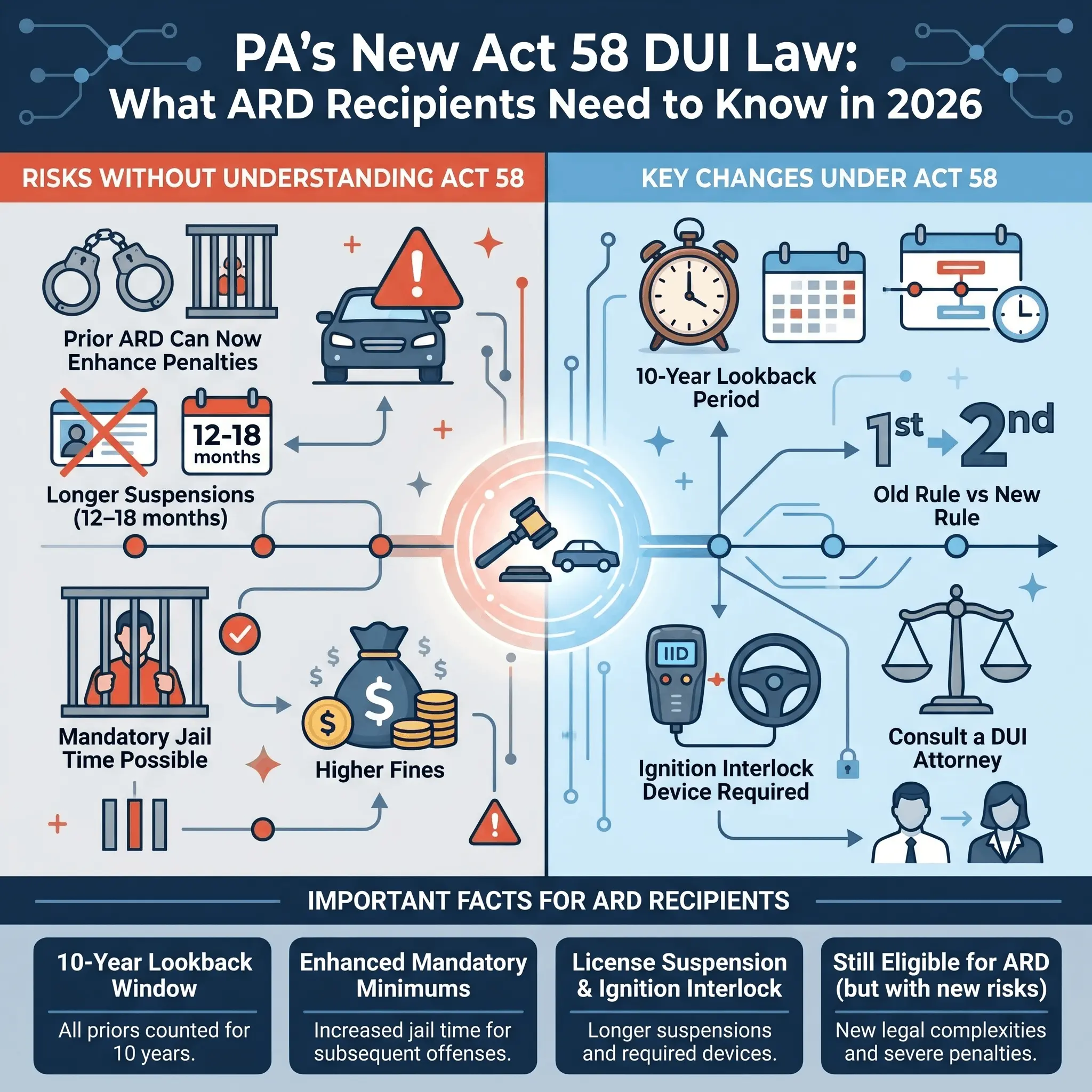 Infographic explaining Pennsylvania Act 58 DUI ARD law changes including 10-year lookback period, mandatory jail time, higher fines, and ignition interlock requirements for ARD recipients in 2026
