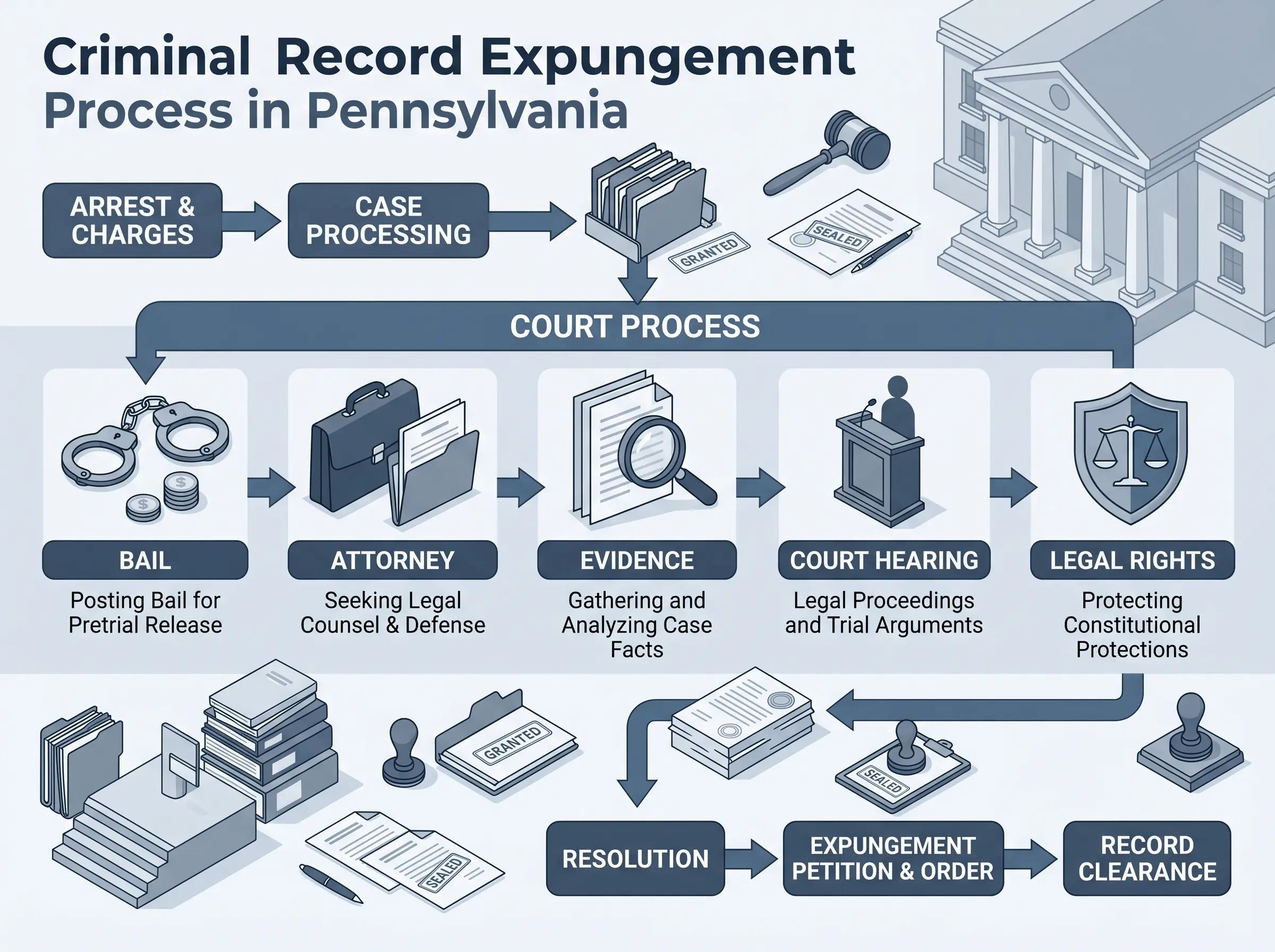 Infographic showing the criminal record expungement in Pennsylvania court process from arrest to record clearance