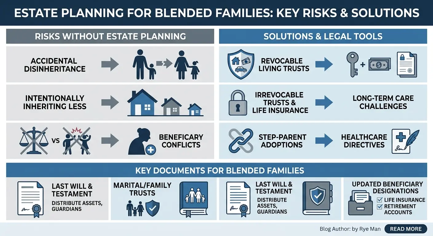 Infographic showing estate planning risks and solutions for blended families, including accidental disinheritance, living trusts, and key legal documents