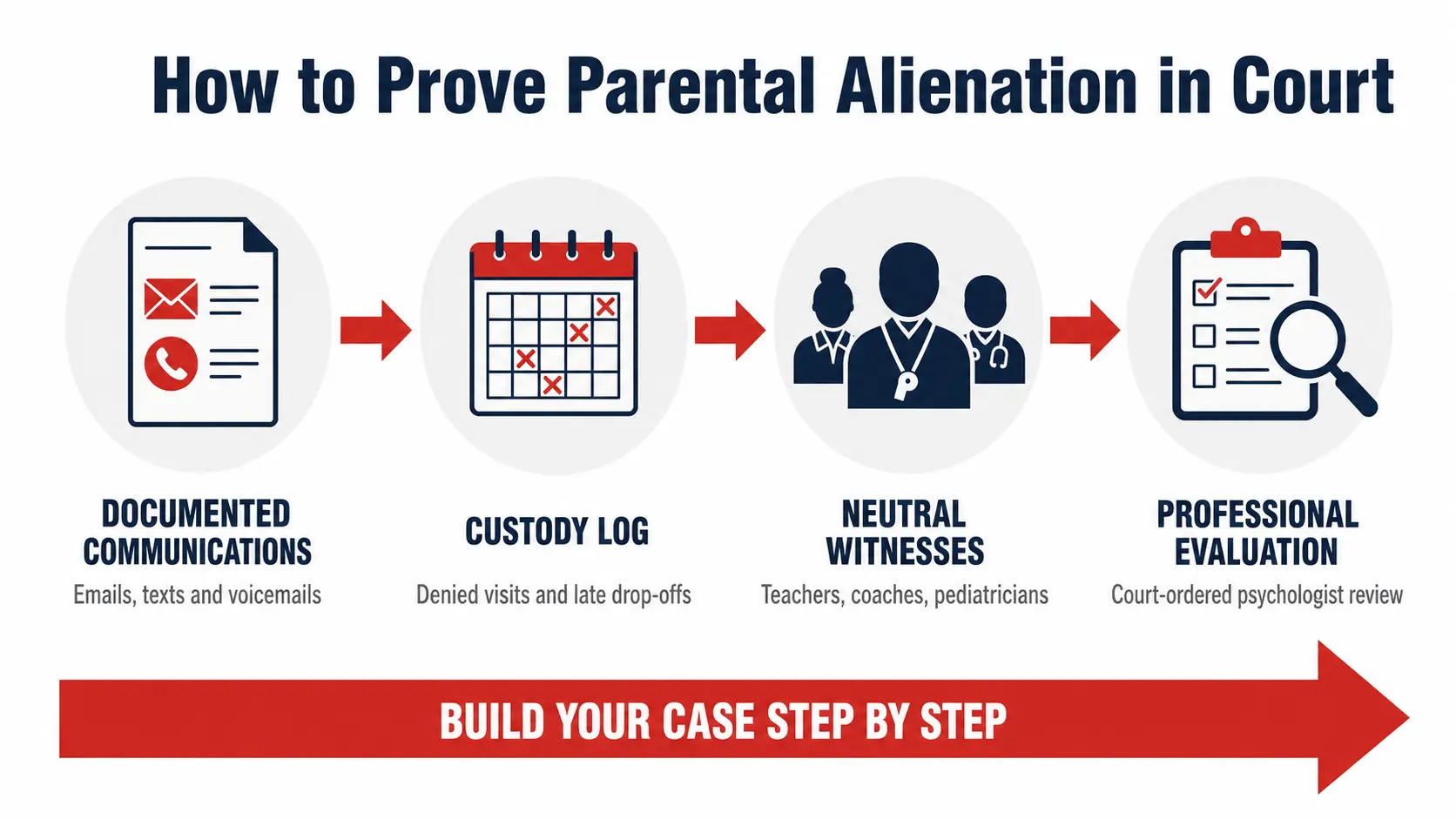 Four steps to prove parental alienation in court in Pennsylvania,
from documenting communications to professional psychological evaluation.