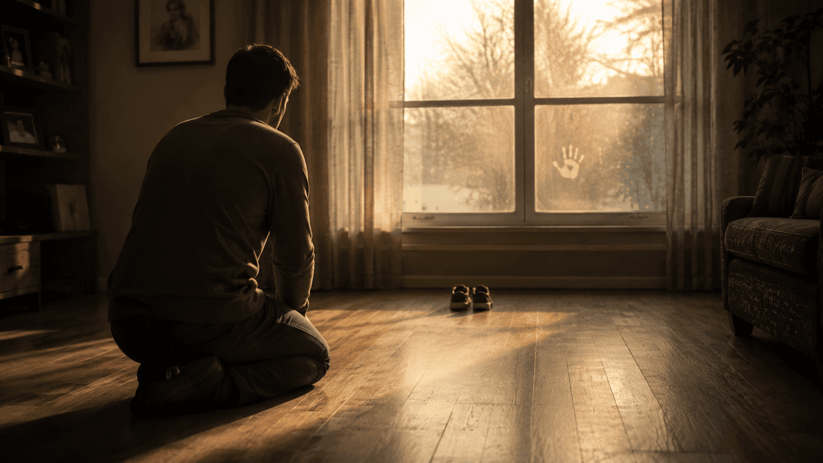 A parent reaching out to a child who stands apart looking out a window, symbolizing the emotional distance caused by parental alienation.