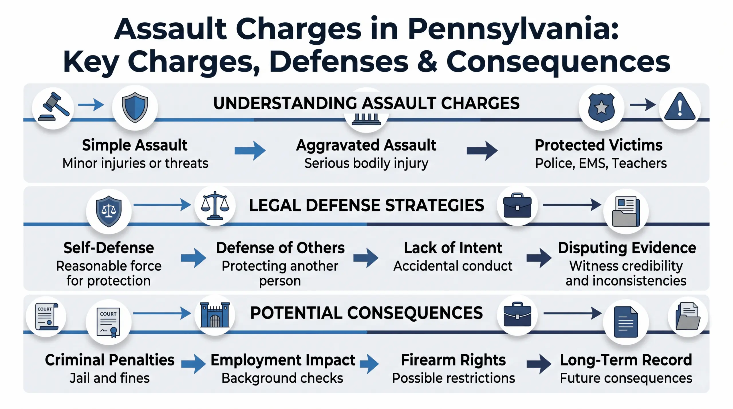 Infographic showing assault charges in Pennsylvania including simple vs aggravated assault, legal defense strategies, and potential consequences