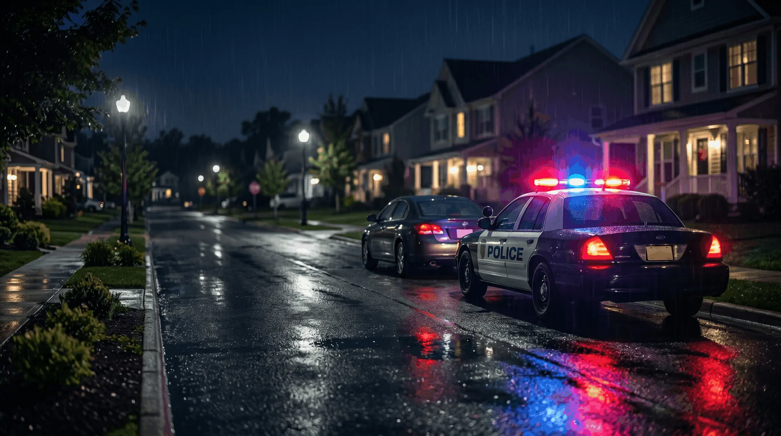 Police car with flashing lights pulling over a driver for DUI in Pennsylvania on a rainy night