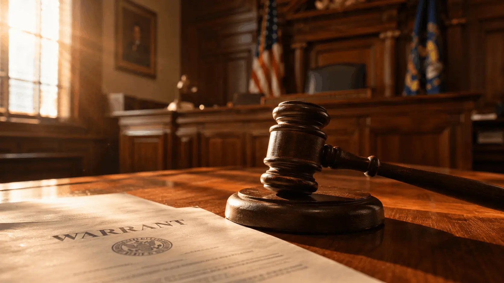 Judge's gavel resting on a courtroom desk next to a warrant document, symbolizing a Pennsylvania bench warrant case.