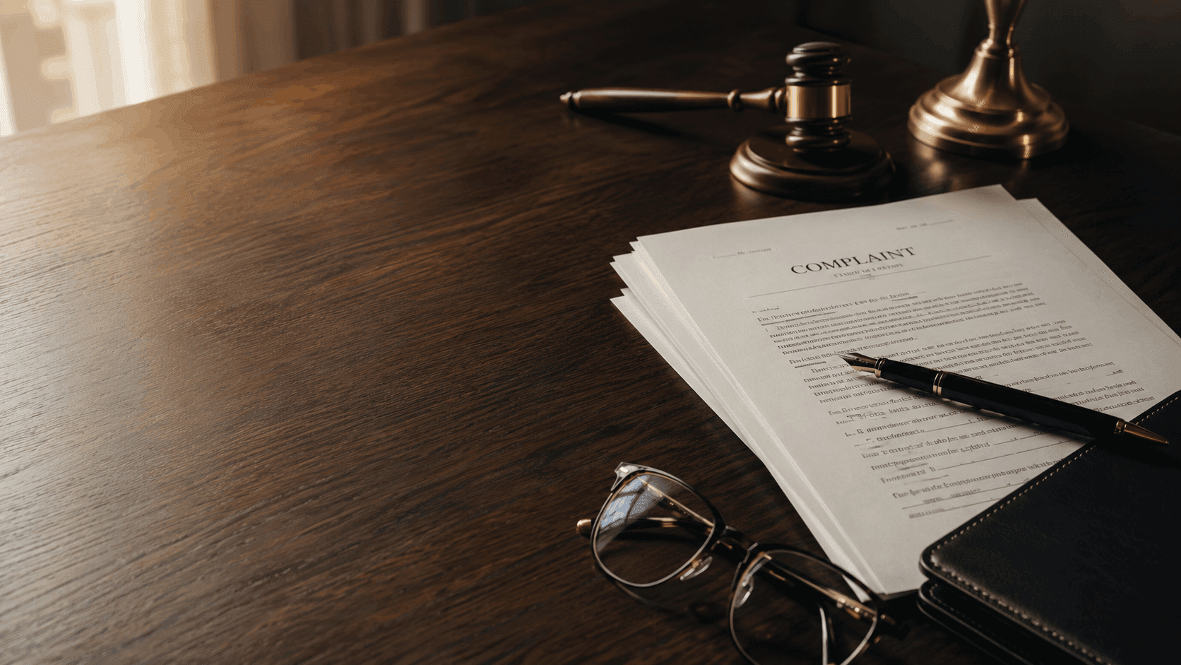 Legal complaint documents and a fountain pen on an attorney's desk, representing the civil litigation process in Pennsylvania