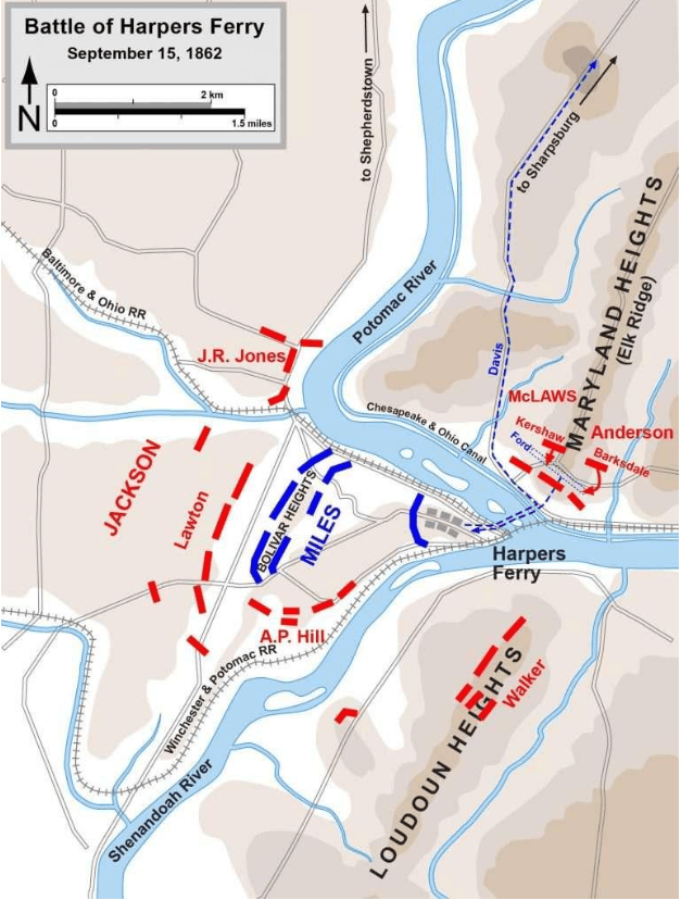 Map of the Battle of Harper's Ferry, September 15, 1862, showing Confederate positions and Union defenses