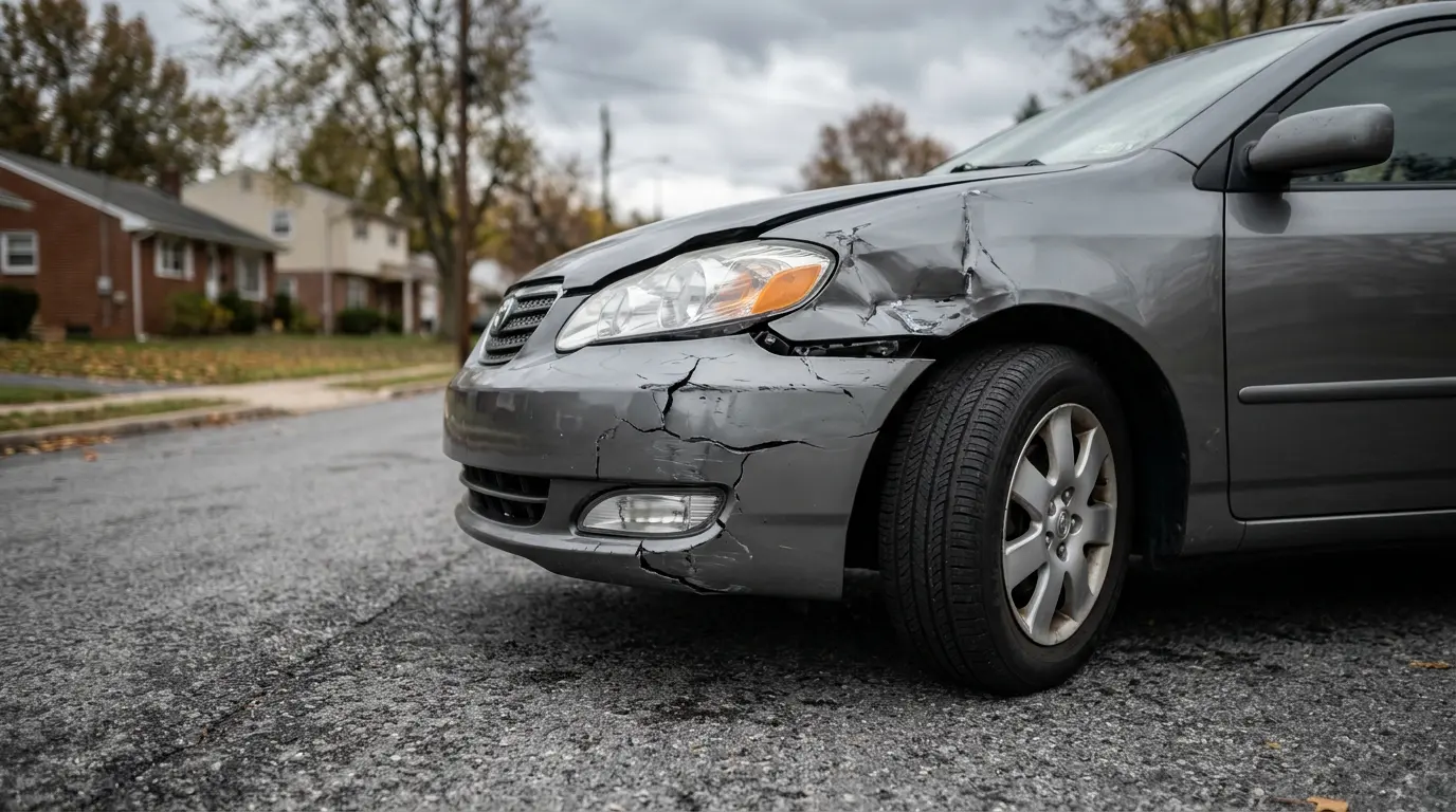 Close-up of a damaged front bumper on a gray car after a minor collision on a quiet suburban Pennsylvania street.